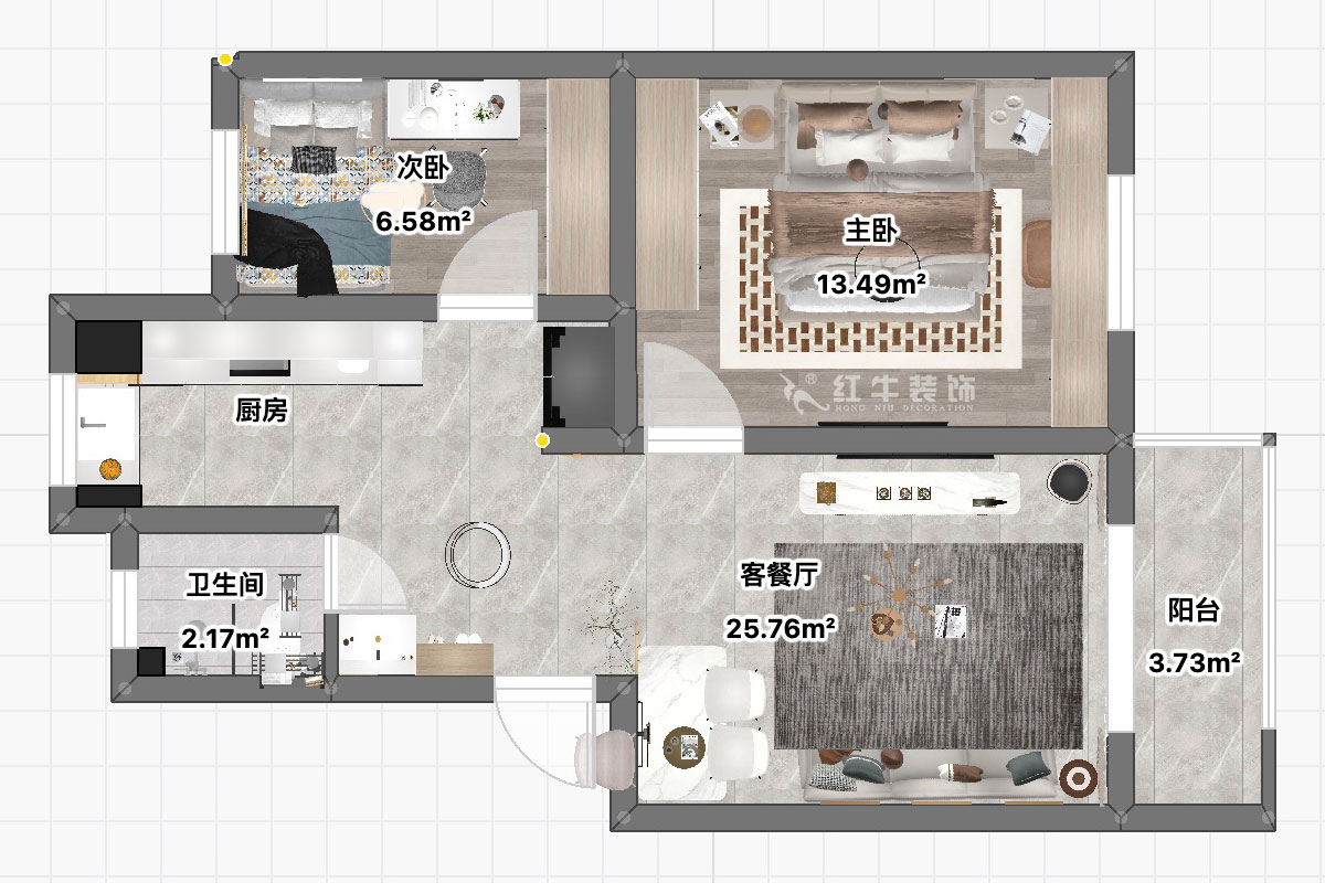 朱彦｜养回红村5号小区5-1-101-65㎡-现代简约风格｜3室1厅1卫｜老房装修｜定制家｜全包11万｜00_03平面彩图
